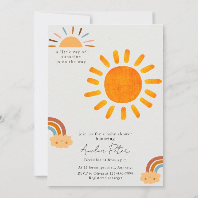 Convite de Chuvada de Bebê Sol Neutro em Estilo Bo (Frente)