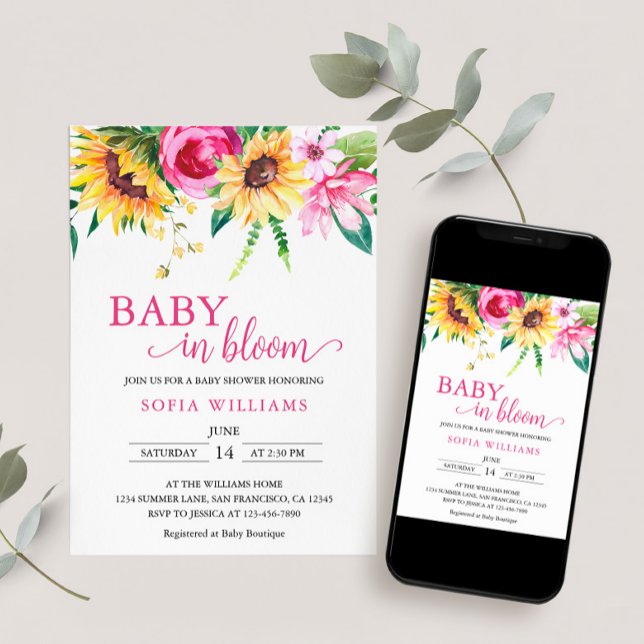 Convite de Chuvada de Bebê Sunflower Baby in Bloom (Send as Evite, print at home, or shipped to home.)