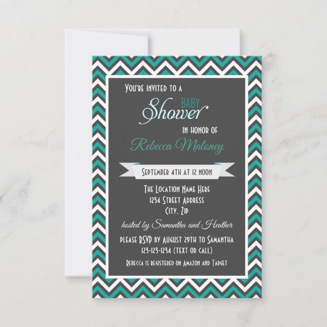 Convite de Chuvada de Bebê Teal Chevron - 3x5 (Frente)