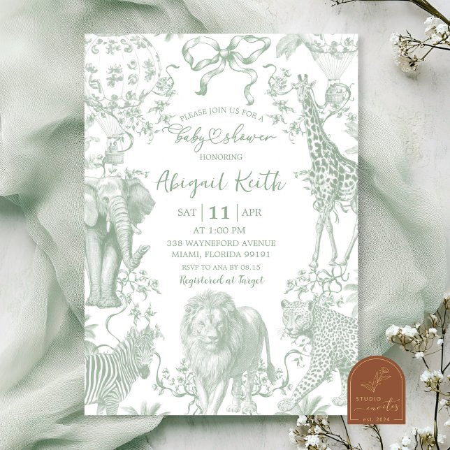Convite de Chuvada de Bebê Toile Safari Verde Sage (Criador carregado)