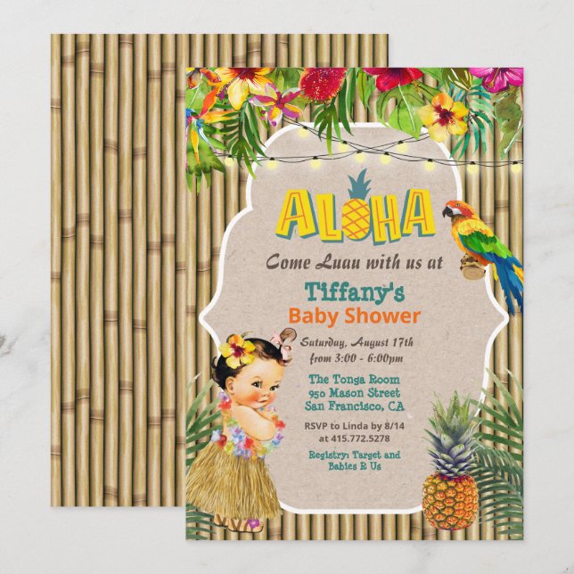 Convite de Chuvada de Bebê Tropical Aloha Luau (Frente/Verso)