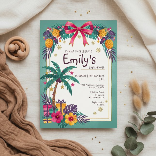 Convite de Chuvada de Bebê Tropical de Abacaxi (Colorful tropical baby shower invitation inspired by summer island style)