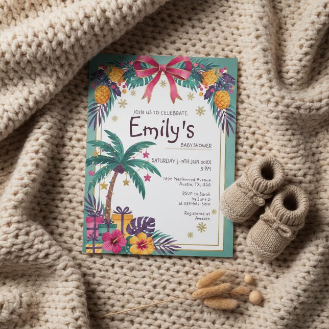 Convite de Chuvada de Bebê Tropical de Abacaxi (Tropical pineapple baby shower invitation with colorful florals and summer vibes)