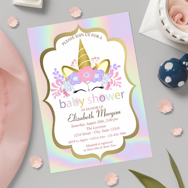 Convite de Chuvada de Bebê Unicórnio, Floral, Holo (Criador carregado)