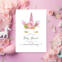 Convite de Chuvada de Bebê Unicórnio Floral Rosa