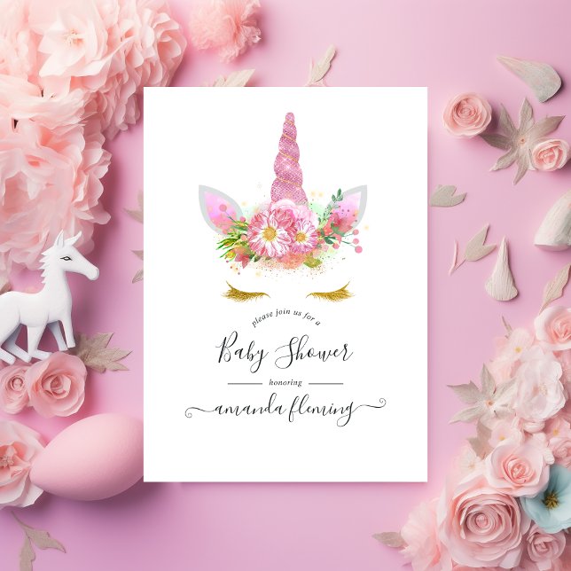 Convite de Chuvada de Bebê Unicórnio Floral Rosa (Criador carregado)