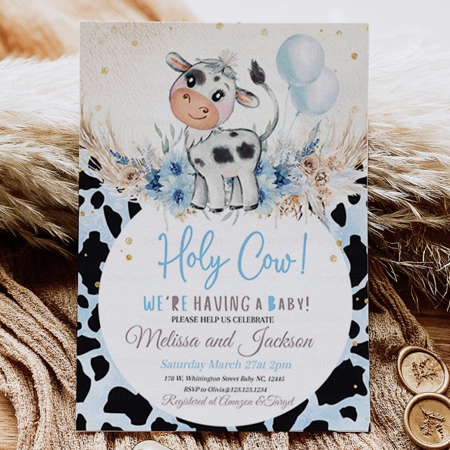 Convite de Chuvada de Bebê Vaca Sagrada Menino Vac (Holy Cow Baby Shower Invitation Boy Cow Boho)