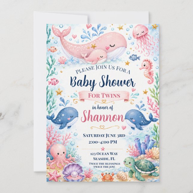 Convite de Chuvada de Gêmeos | Baleia Sob o Mar (Frente)