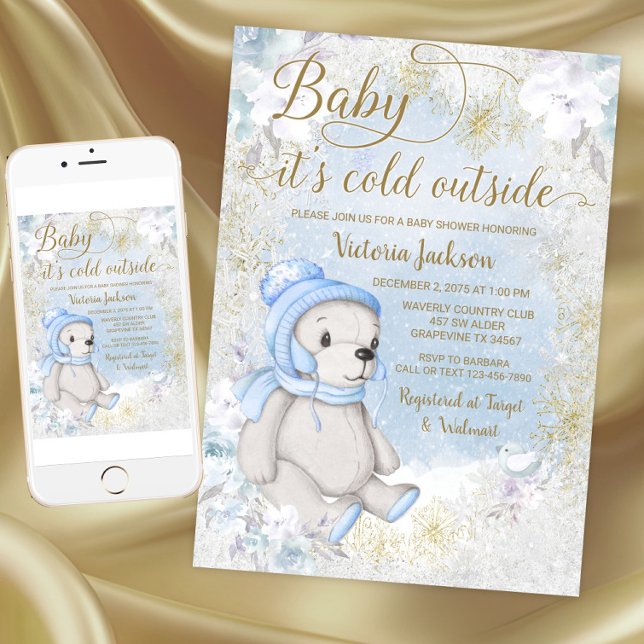Convite de Chuvade Bebê Menino, Está Frio Lá Fora (Boy baby its cold outside baby shower invitation. Download and printed invitations available.)