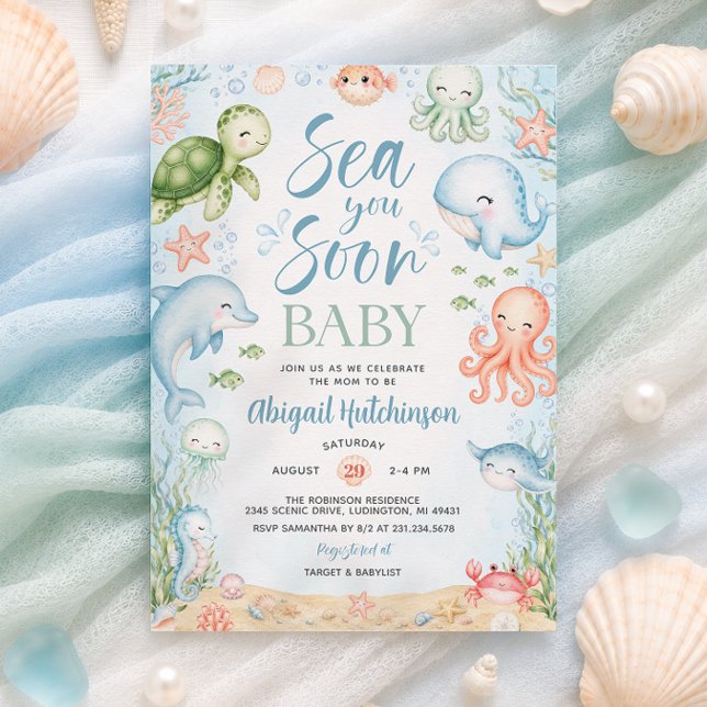 Convite de Chuvade Bebê Oceano Vejo Você Em Breve (Sea You Soon Ocean Baby Shower Invitation)