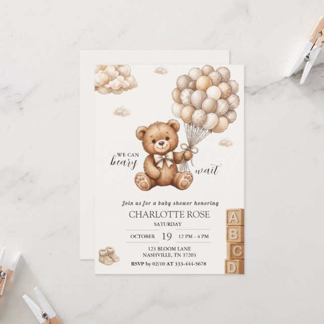 Convite de Chuvade Bebê Urso de Pelúcia Balão Pode (Frente/Verso In Situ)