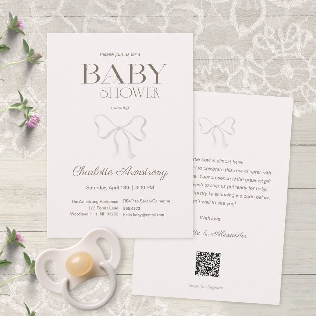 Convite de Chuveirinho de Bebê Arco de Aquarela Ro (Subtle Dusty Rose Watercolor Bow Baby Shower Invitation ©Susanne Sachers - Sunny Mind 🌞)