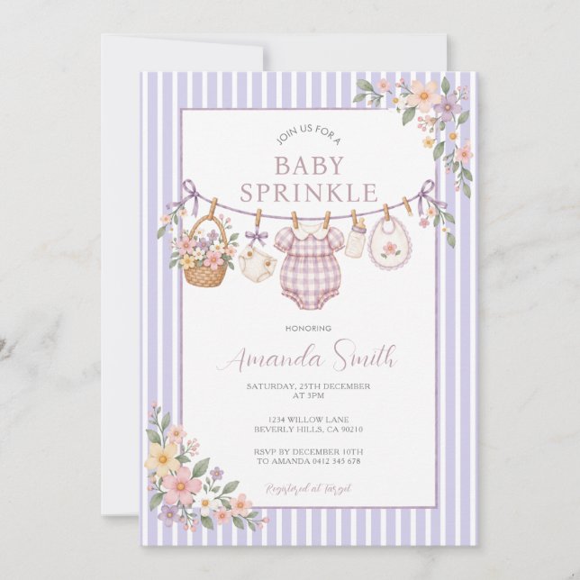 Convite de Chuveirinho de Bebê Floral Gingham Roxo (Frente)