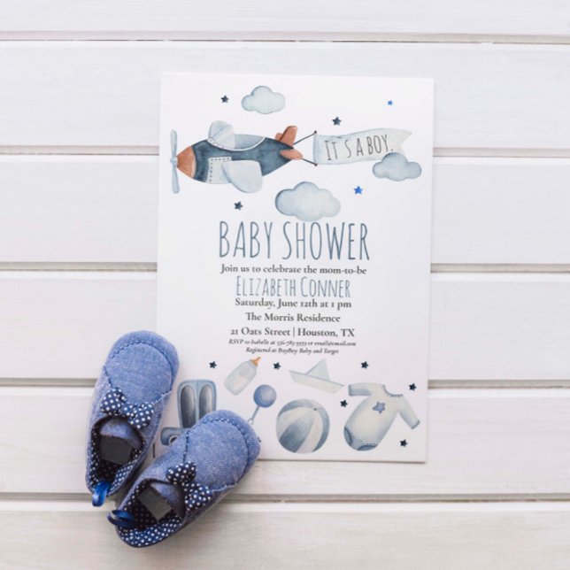 Convite de Chuveiro de Avião Menino em Aquarela (It's a boy Airplane WatercoIor Shower Invitation)