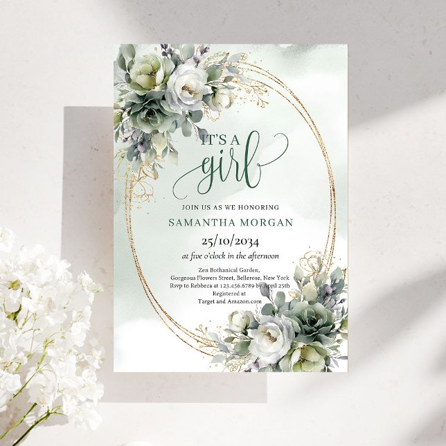Convite de Chuveiro de Bebê Boho Verde Dourado É u (Baby Shower Boho Green Gold It's a Girl Invitation)
