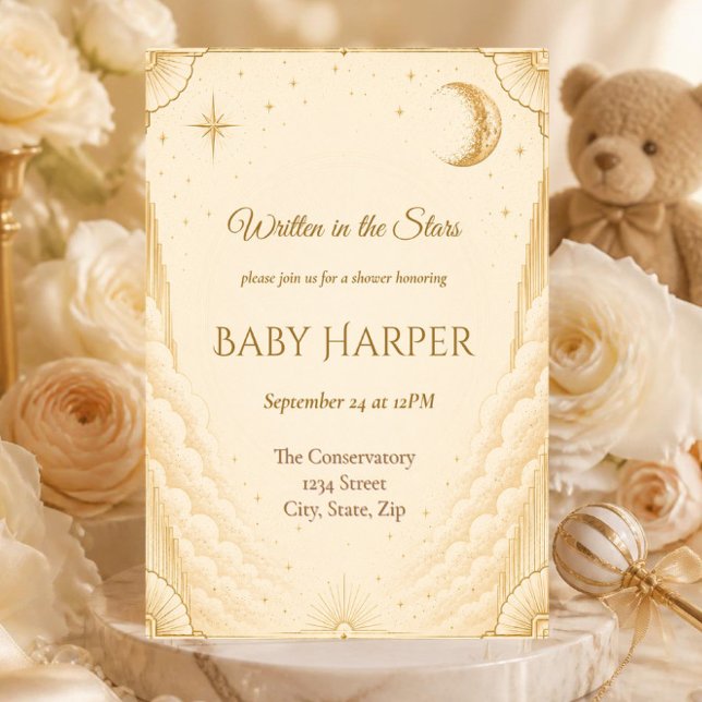 Convite de Chuveiro de Bebê Celestial | Lua & Estr (Elegant celestial baby shower invitation with moon, stars and gold details.)