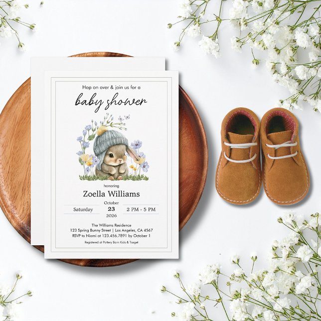 Convite de Chuveiro de Bebê Coelhinho Flores Simpl (Baby Shower Invitation Simple Flowers Bunny 5)