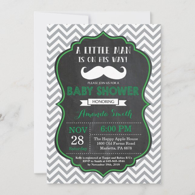 Convite de Chuveiro de Bebê com Bigode Verde e Cin (Frente)