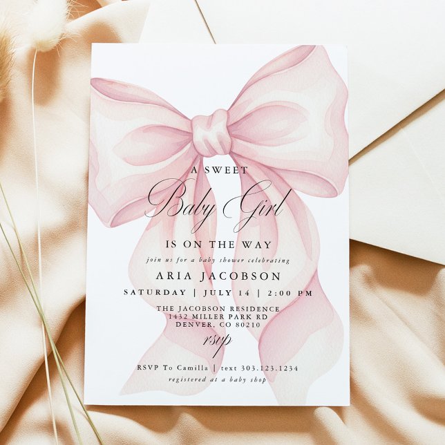 Convite de Chuveiro de Bebê com Laço Rosa, Doce Be (Sweet Baby Girl On The Way Blush Pink Coquette Bow Baby Shower Invitation)