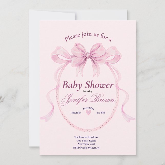 Convite de Chuveiro de Bebê com Laço Rosa Elegante (Frente)