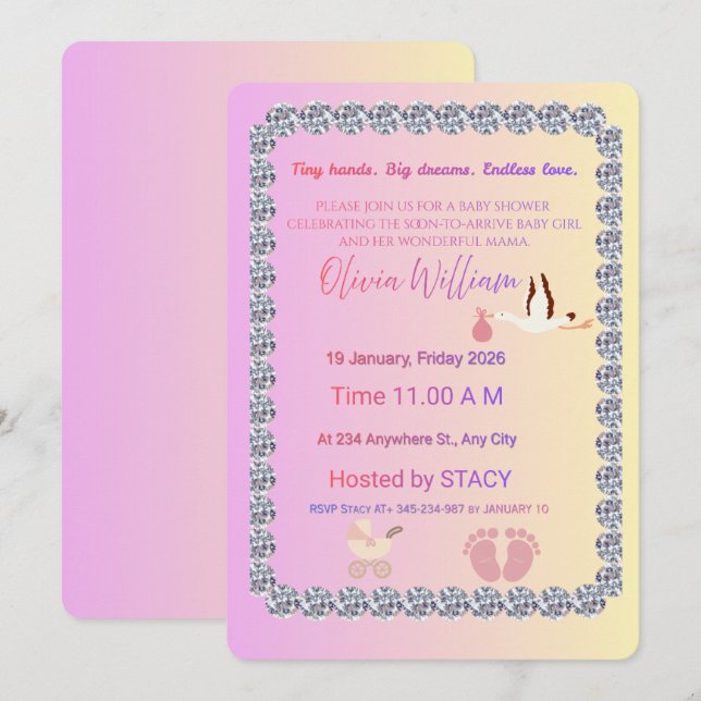 Convite de Chuveiro de Bebê Diamante Rosa e Dourad (Frente/Verso)