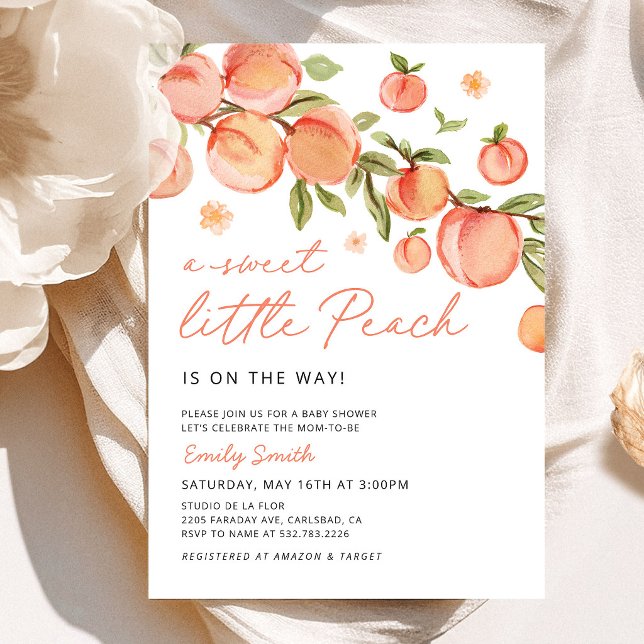 Convite de Chuveiro de Bebê Doce Pequeno Pêssego (Sweet Little Peach Baby Shower Invitation, watercolor boho peach floral baby shower stationery)
