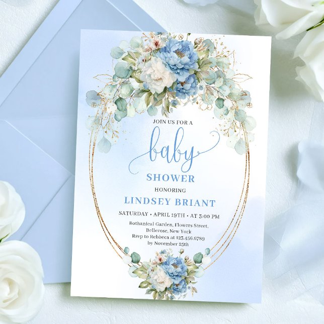 Convite de Chuveiro de Bebê Elegante em Azul Po du (Elegant Dusty Blue Peonies Baby Shower Gold Invite)