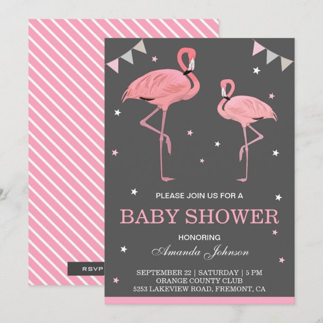 Convite de Chuveiro de Bebê Flamingo Rosa Fofo (Frente/Verso)