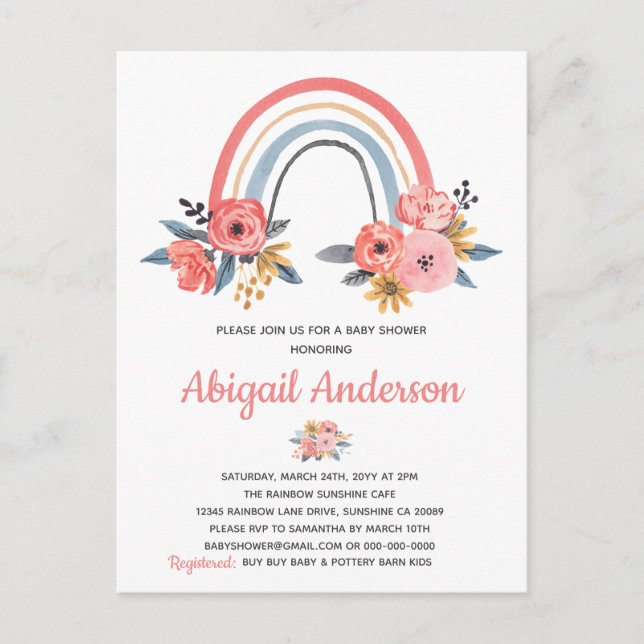 Convite de Chuveiro de Bebê Floral Arco-Íris Aquar (Frente)