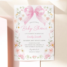 Convite de Chuveiro de Bebê Floral com Laço Rosa