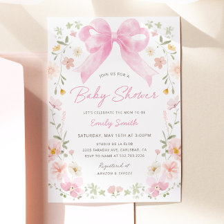 Convite de Chuveiro de Bebê Floral com Laço Rosa