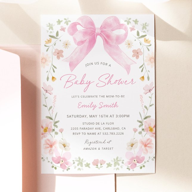 Convite de Chuveiro de Bebê Floral com Laço Rosa (Pink Bow Floral Baby Shower Invitation, Blush Pink Baby Girl Shower Invite, Watercolor Flowers)