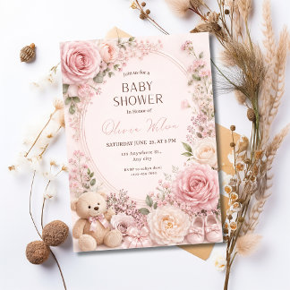 Convite de Chuveiro de Bebê Floral Rosa para Menin