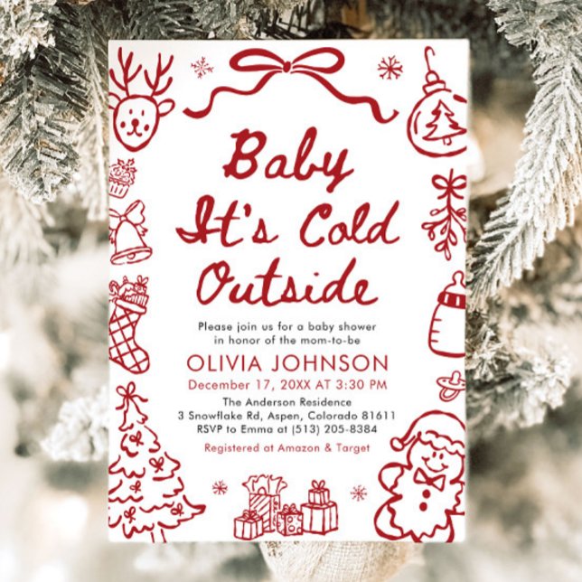 Convite de Chuveiro de Bebê Frio Fora Desenhado à  (Hand Drawn Baby It's Cold Outside Baby Shower Invitation)