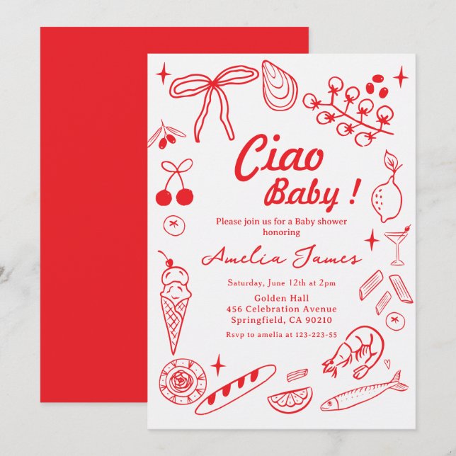 Convite de Chuveiro de Bebê Italiano Ciao Baby Des (Frente/Verso)