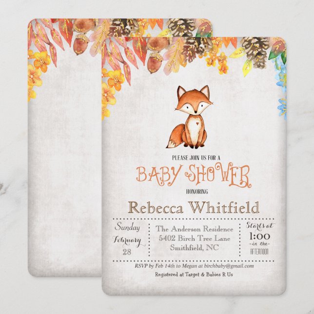 Convite de Chuveiro de Bebê Little Fox Baby (Frente/Verso)