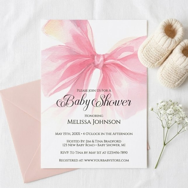 Convite de Chuveiro de Bebê Menina com Rotulo Coqu (Coquette Pink Bow Baby Shower Invitation)