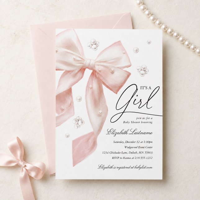 Convite de Chuveiro de Bebê Menina Pérola Arco Ros (Elegant Pink Bow Pearl Girl Baby Shower Invitation)