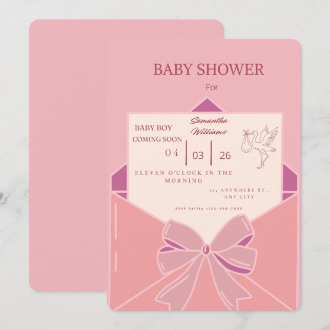 Convite de Chuveiro de Bebê Menina Rosa Fofo - Min (Frente/Verso)