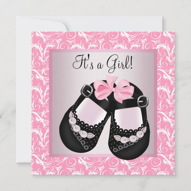 Convite de Chuveiro de Bebê Menina Rosa Preto com  (Frente)