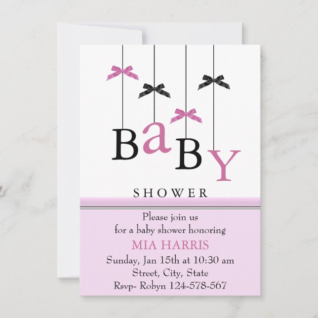 Convite de Chuveiro de Bebê Móvel com Laço Rosa e  (Frente)