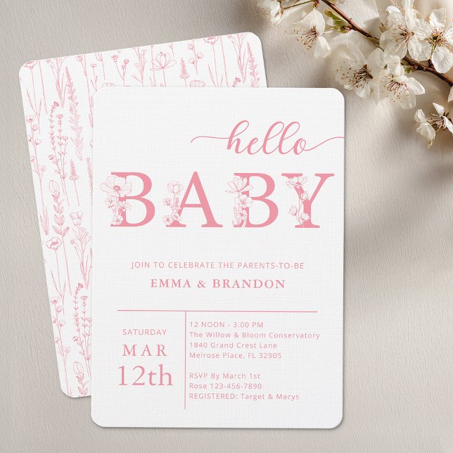 Convite de Chuveiro de Bebê Olá Bebê Flor Silvestr (Pink Floral Baby Shower Invitation - Hello Baby)