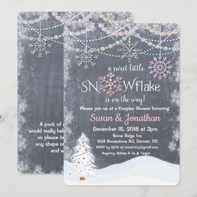 Convite de Chuveiro de Bebê Pérola Brilho Floco de (Frente/Verso)
