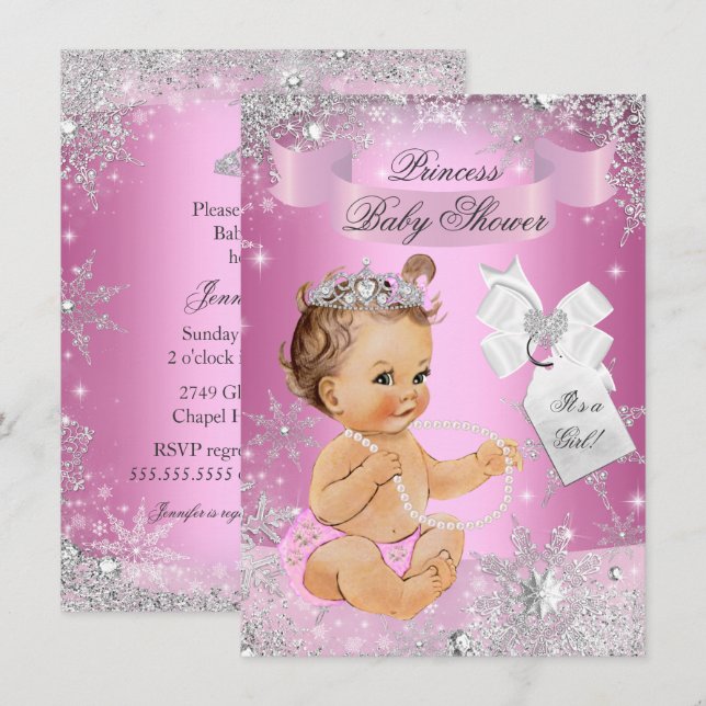 Convite de Chuveiro de Bebê Pink Princess Snowflak (Frente/Verso)
