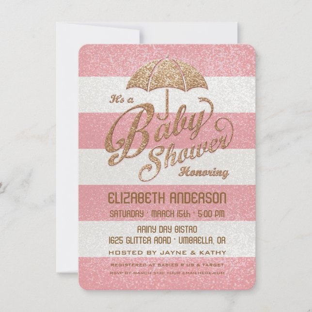 Convite de Chuveiro de Bebê Rosa e Dourado Brilhan (Frente)