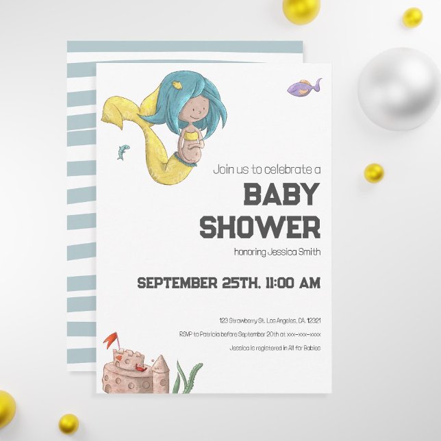 Convite de Chuveiro de Bebê Sereia Fofa (Unique mermaid baby shower invitation with a pregnant mermaid swimming among fish)