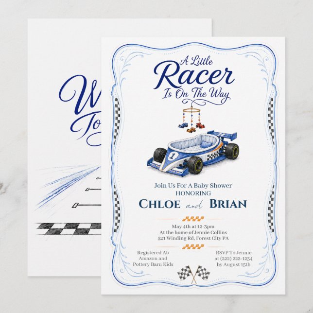 Convite de Chuveiro de Berço Little Racer  (Frente/Verso)