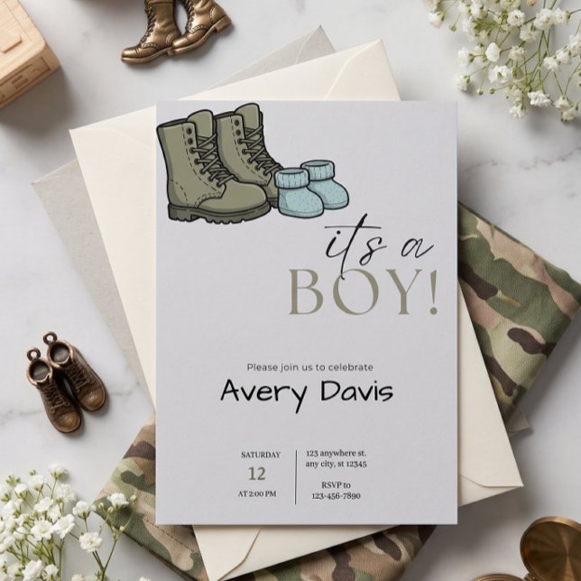 Convite de Chuveiro de Botas de Combate e Sapatinh (Combat Boots & Baby Booties Invitation | "It's a Boy" Military Baby Shower)