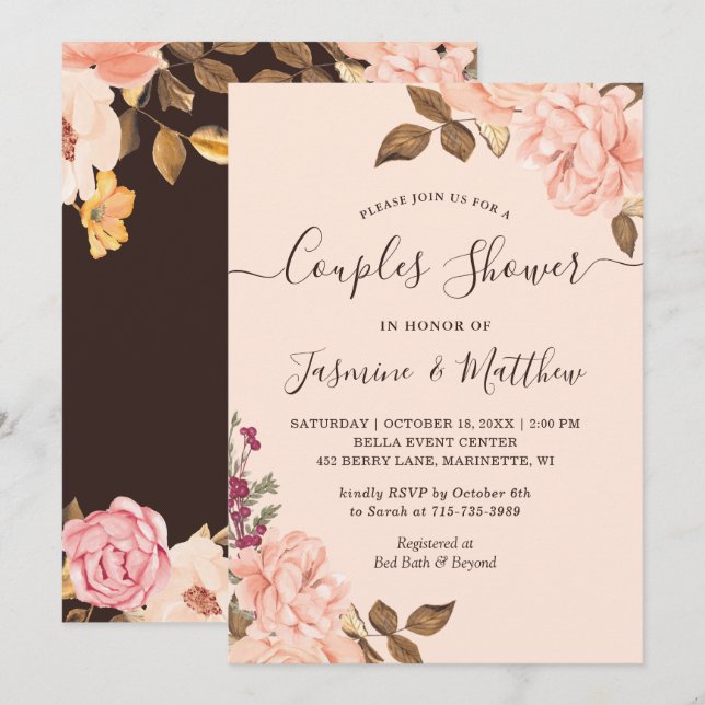 Convite de Chuveiro de Casais de Noiva Floral Rosa (Frente/Verso)