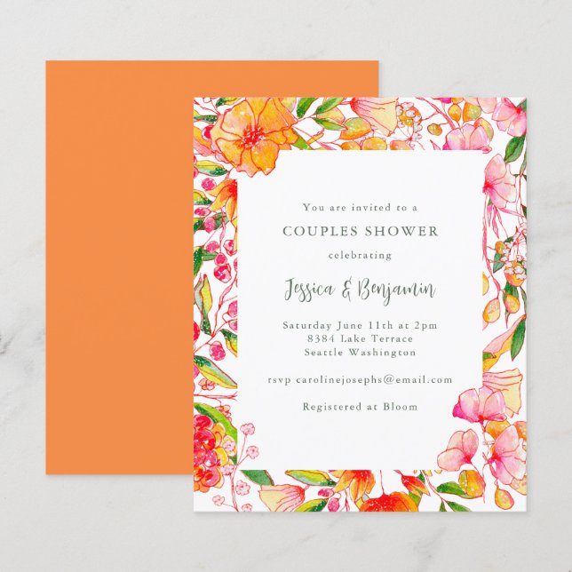 Convite de Chuveiro de Casais Floral Rosa Laranja  (Frente/Verso)